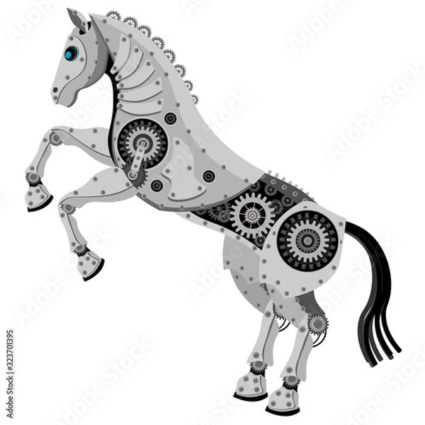 Fototapeta Horse in the style of the robot. Metal mechanical vector horse on a white isolated background.