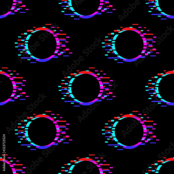 Fototapeta Seamless vector pattern with polka dot ornament with glitch effect on black background. Stock illustration for web, print, wallpaper and backgrounds. 