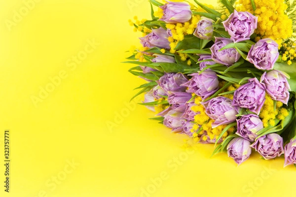 Fototapeta Bouquet of lilac tulips and yellow mimosas on yellow background, copy space, side view, closeup. March 8, February 14, birthday, Valentine's, Mother's, Women's day celebration, spring concept