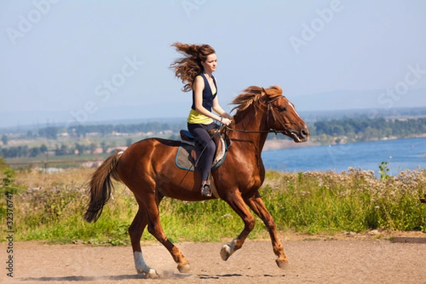 Fototapeta young cowgirl on brown horse
