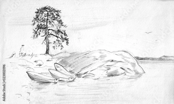 Fototapeta A rough sketch of a lonely pine tree on a rocky shore of a lake. Three boats on the shore near a lonely tree. Pencil drawing on white paper.