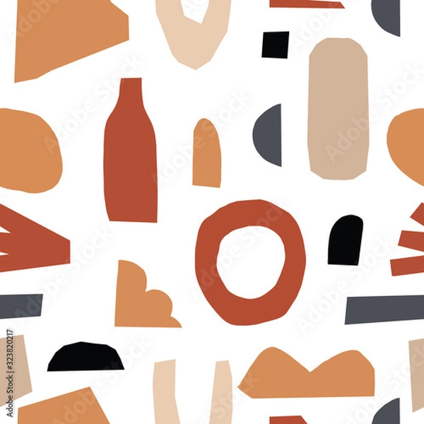 Fototapeta Handmade tan beige geometric abstract shapes. Seamless orange gold black white beige pattern. Stylish repeating texture. Modern. Simple. Cut paper. Trendy.