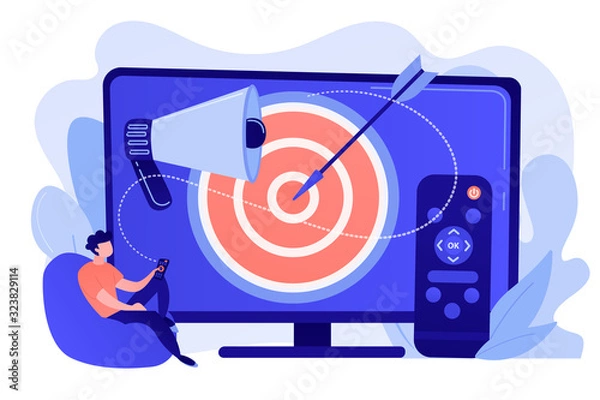 Fototapeta Businessman with remote control watching targeted TV ads. Addressable TV advertising, new advertising technology, targeting TV marketing concept. Pinkish coral bluevector isolated illustration