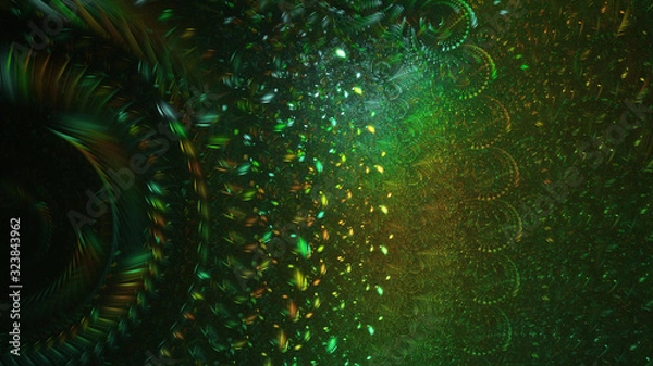 Fototapeta Abstract green and golden glowing particles. Fantasy light background. Digital fractal art. 3d rendering.