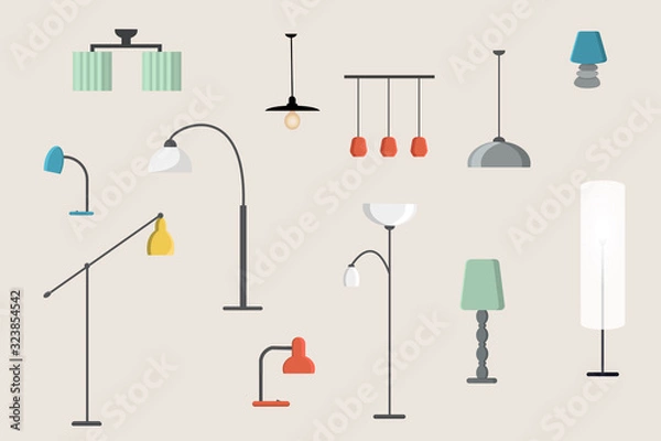 Obraz A set of lighting devices, various pendant lamps, floor lamps, table lamps. Vector illustration in a flat style.