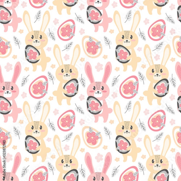 Fototapeta Seamless pattern Cute Bunnies with Easter egg and flowers. Festive spring background in Scandinavian hand drawn style. Cartoon character little rabbit. Design for textiles, packaging paper, fabric.