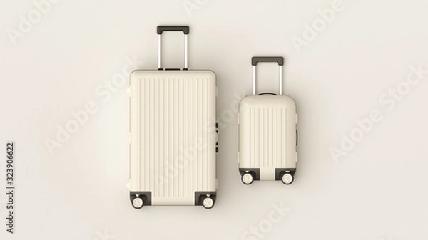 Fototapeta White luggage set on white background, top view image, flat lay composition. Travel minimalist concept, black and white classic baggage mockup, small and big. Suitcase accessory set, journey concept.