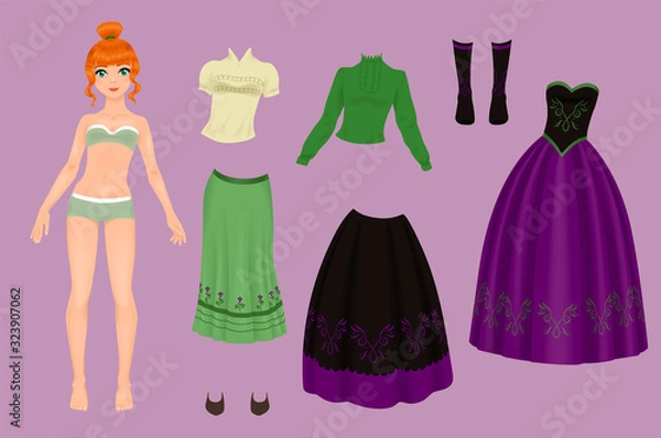 Fototapeta Paper doll of a pretty girl with a variety of frozen paper clothes and shoes