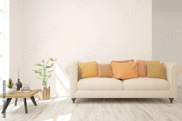 Fototapeta Stylish room in white color with sofa. Scandinavian interior design. 3D illustration