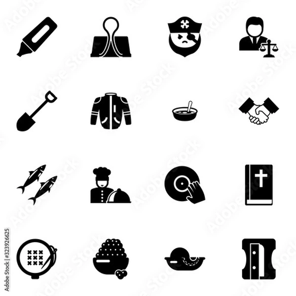 Obraz 16 black filled icons set isolated on white background. Icons set with Marker, Binder clip, pirate, Shovel, jacket, Soup, sardine, chefs dish, lawyer, Partnership, embroidery icons.