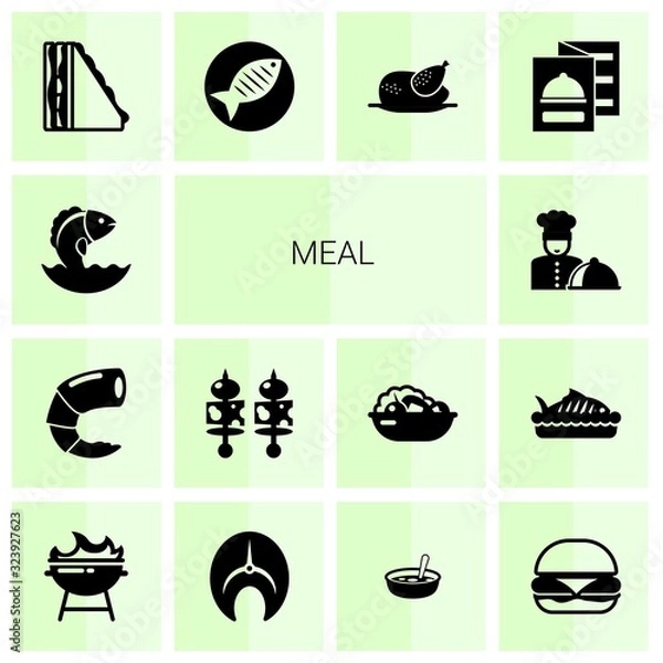 Obraz 14 meal filled icons set isolated on white background. Icons set with Seafood, shrimp, starters, chefs dish, sandwich, Fish, chicken, restaurant menu, BBQ Grill, salmon icons.