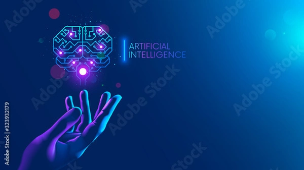 Fototapeta Circuit board in shape electronic brain with gyrus, symbol ai hanging over hand. Symbol of computer neural networks or artificial intelligence in neon cyberspace with glowing title on palm scientist