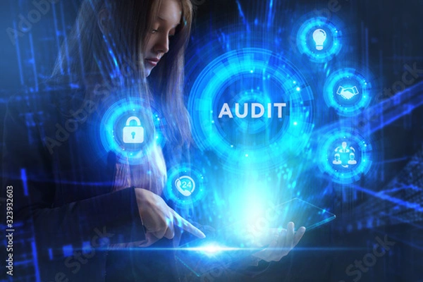 Fototapeta Business, Technology, Internet and network concept. Young businessman working on a virtual screen of the future and sees the inscription: Audit