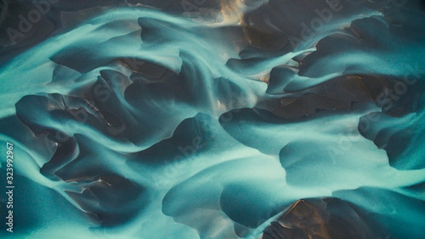 Fototapeta Aerial drone view of a huge riverbed and delta, glacial river system transporting deposits from the Vatnajokull glacier,Iceland