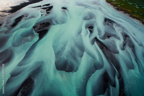 Fototapeta Drone photograph of a glacial river system in the south of Iceland.