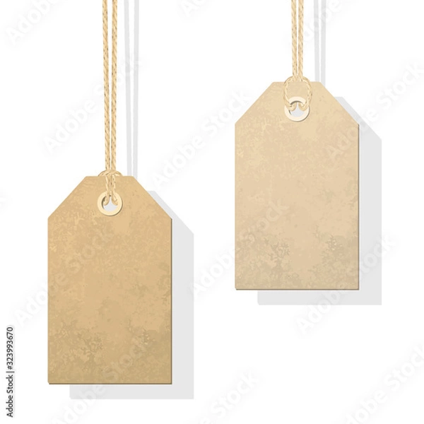 Obraz Carton tags hanging on a linen string vector illustration. A realistic and detailed tag tied with linen material thread.