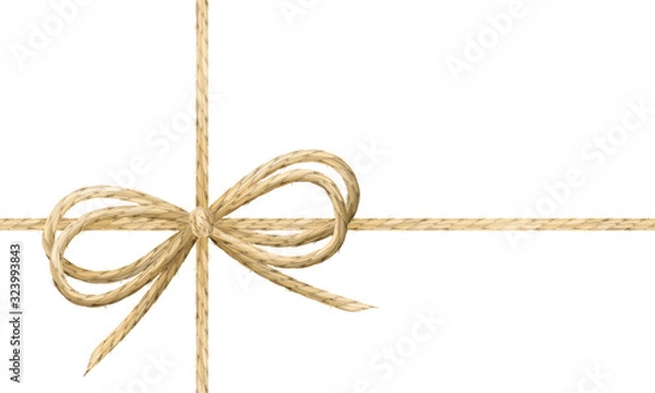 Obraz Linen string bow and thread gift wrapping vector illustration. Realistic linen material ribbon and string tidying.