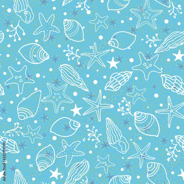 Fototapeta Vector texture sea shell pattern, underwater summer mood, star fish, shell on textured beachy background. Costal design for your perfect holiday. Nature background. Print, fabric, stationary.