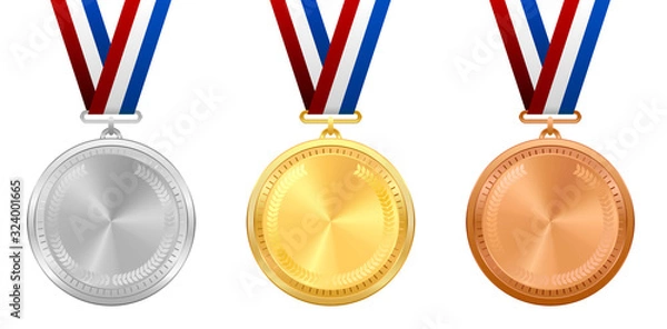 Obraz Vector illustration of gold, silver and bronze medals with realistic ribbons.