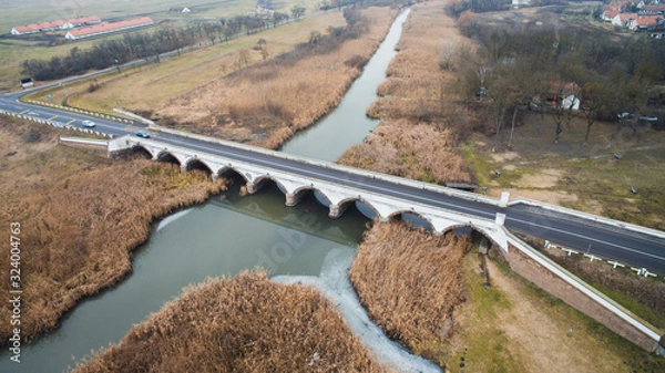 Fototapeta  Aerial drone view of Kilenclyuku bridge (Nine arched bridge) at Hortobágy