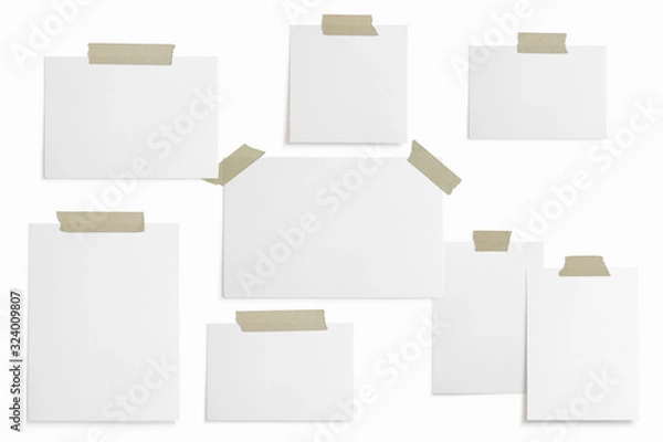Fototapeta Moodboard, mood wall composition with blank photo cards, paper frames glued with adhesive tape and isolated on white for easy editing.