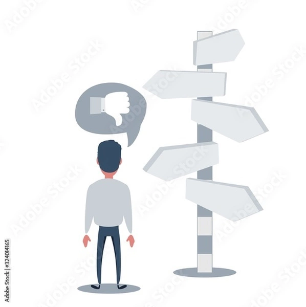 Fototapeta Right direction. A businessman looks at arrows pointing to many directions. Concept business vector illustration