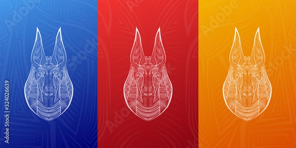 Fototapeta Anubis symbols, grunge Egyptian god logo banner, poster design. Colorful digital lineart.