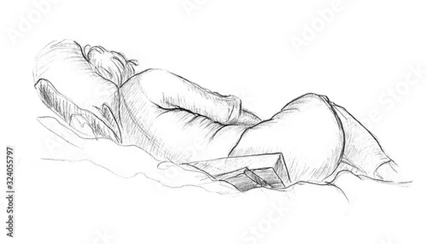 Fototapeta A quick pencil sketch of a woman lying in clothes. View from the back. Sketch on white paper.