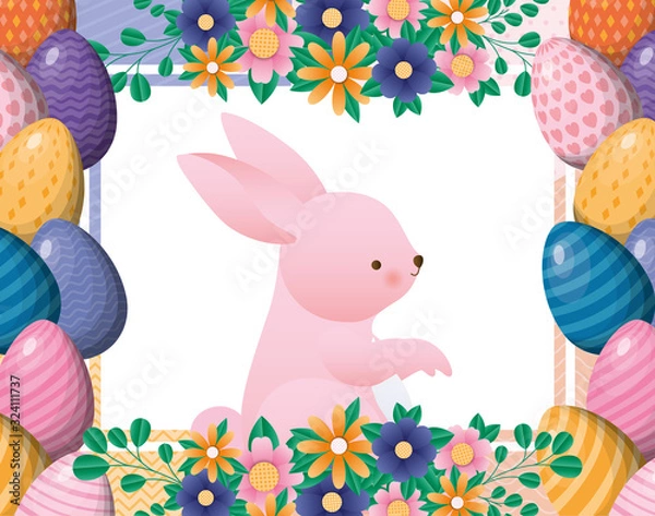 Fototapeta Happy easter rabbit inside flowers and eggs frame vector design