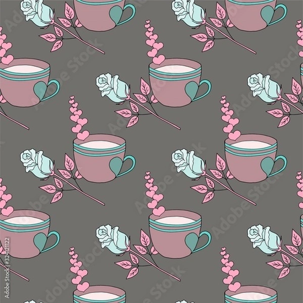 Fototapeta Valentine's day seamless pattern with coffee cup and hearts. Beautiful greeting card with valentines day seamless pattern. Red heart valentine love logo vector. Holiday background.Vector illustration