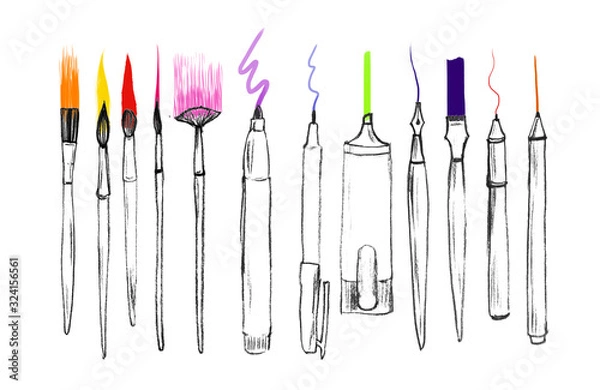 Fototapeta hand drawn painting tools, art materials. mixed media set