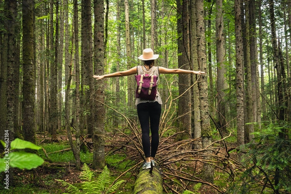 Fototapeta Woman in forest balancing on tree trunk.