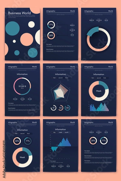 Fototapeta Modern infographic vector elements for business brochures. Use in website, corporate brochure, advertising and marketing. Pie charts, line graphs, bar graphs and timelines.