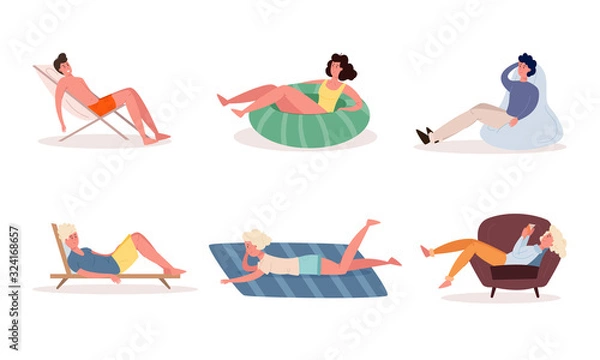 Fototapeta People enjoying rest in armchairs, sunbeds, on floor vector illustration