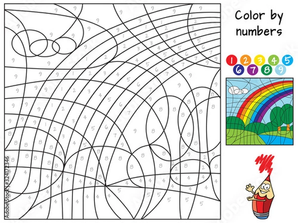 Obraz Rainbow. Color by numbers. Coloring book. Educational puzzle game for children. Cartoon vector illustration
