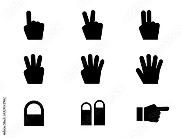 Fototapeta 手や指のアイコンセット。1から5まで指を使って数えているイラスト。指の先端をクローズアップしたシンプルな形のアイコン。