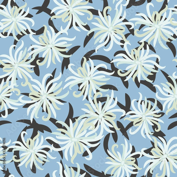 Obraz White chrysanthemum flowers seamless vector pattern on a blue background. Botanical seamless vector pattern.