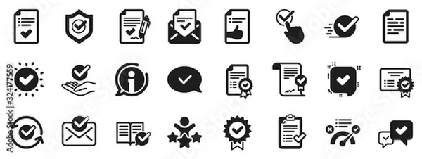 Fototapeta Set of Check List, Certificate and Award medal. Approve icons. Certified document, Accepted approve and Confirm mail icons. Guarantee certificate, Check mark and agreement signs. Vector