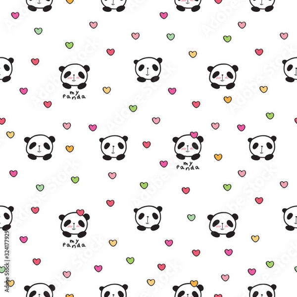 Fototapeta Cool seamless pattern with cute pandas and hearts for kids textile or book covers, gift wrap, wallpapers and scrapbook. Background for Valentine's Day, birthday, Mother's Day. Vector