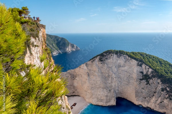 Fototapeta Panoramic view from the cliff of Navagio, shipwreck beach with white sand in Zante, Zakynthos, Greece