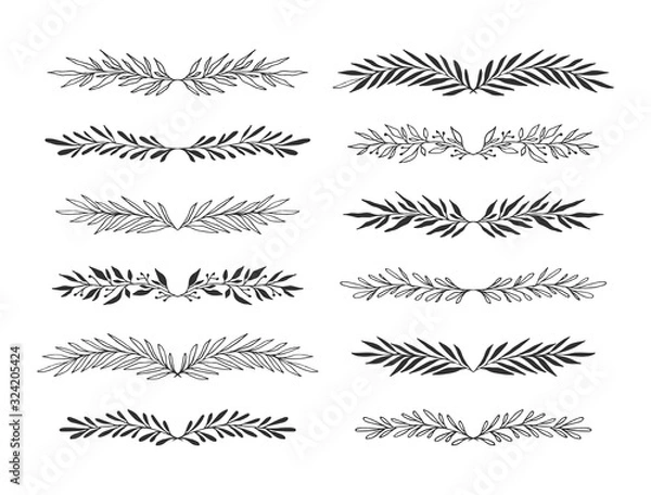 Fototapeta Kolekcja dzielników kwiatowy doodle i winorośli do projektowania wakacji. Botaniczny styl ilustracji. Wektor na białym tle.