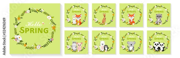 Fototapeta Cute animals with flower wreaths. Hello Spring greeting cards, posters, banners set. Hand drawn vector illustration 