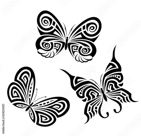 Obraz Set of black and white butterflies in the form of a tribal tattoo 