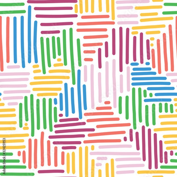 Fototapeta Abstract vector background for kids. Woven stripes seamless pattern. Colorful collage puzzle style background. Modern abstract backdrop for kids decor, fabric, wallpaper, surface pattern design