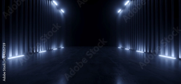 Obraz Dark Studio Warehouse Laser LED Świecające studio światła scena koncertowa showroom podium wirtualne noc Blue Cyber ​​Alien Stating 3D Rendering