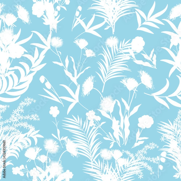 Fototapeta Seamless vector pattern white flowers and tropical leaves on blue background