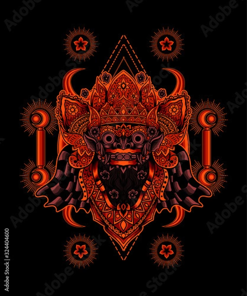 Obraz Barong head glowing red color with geometric background(balinese culture icon)