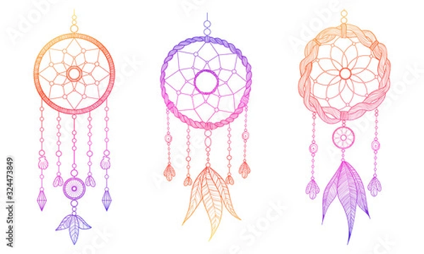 Obraz Hand drawn vector illustration of dream catcher in line work style. Dreamcatcher decorated with feathers and beads in countur drawing with gradient