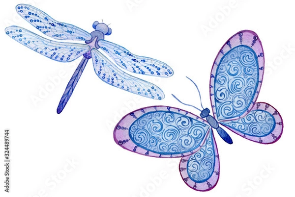 Fototapeta watercolor set with stylized butterfly and dragonfly