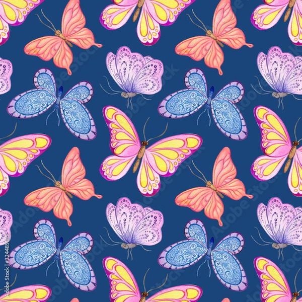 Fototapeta watercolor seamless pattern. butterflies on a dark blue background